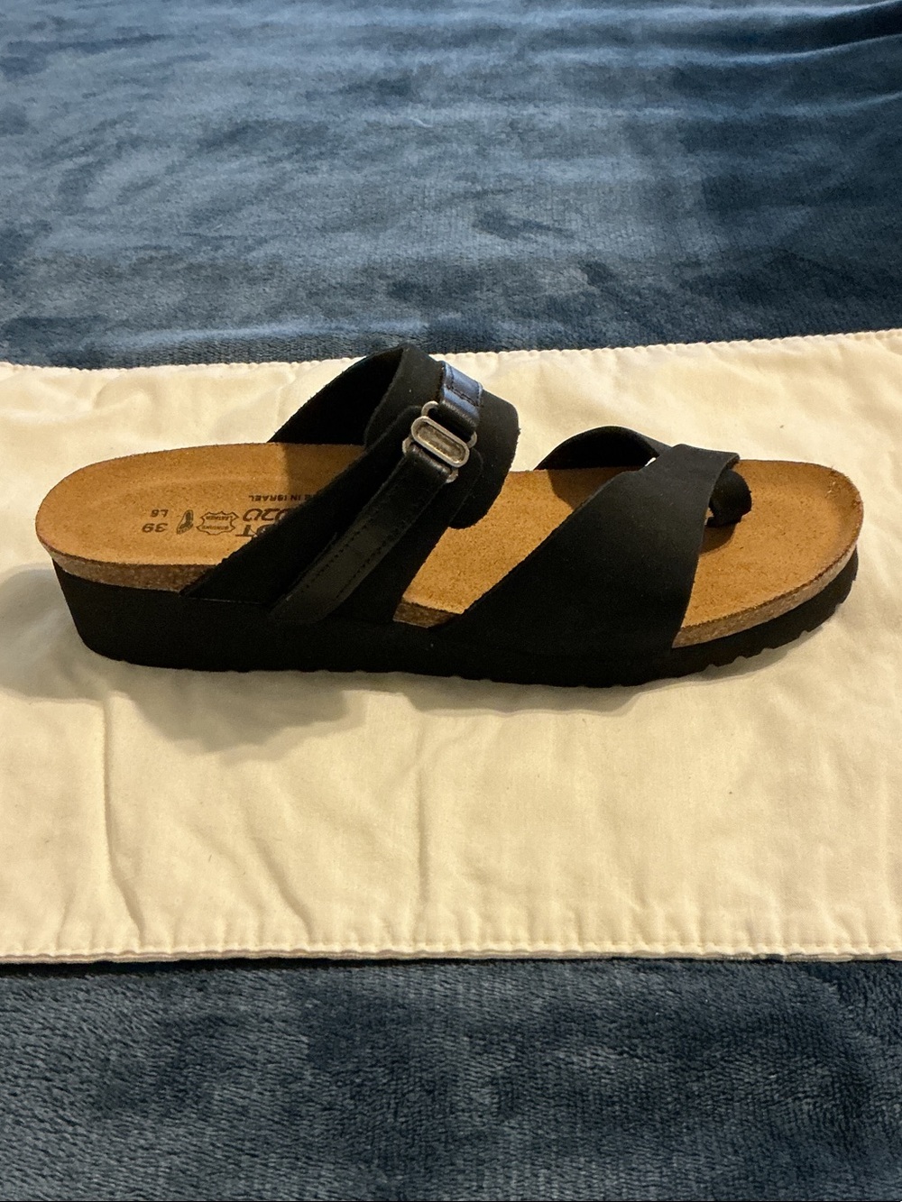 Naot Black Two-Strap Slide with Buckle Accent